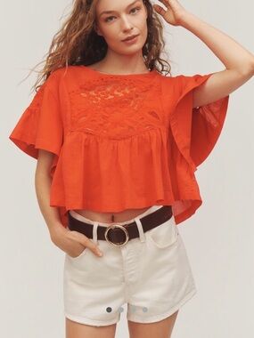 Maeve Crochet Yoke Flutter Crop Top